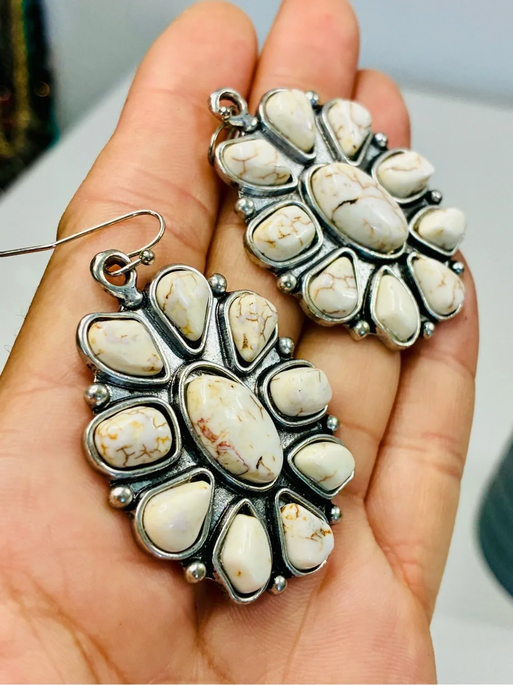 Southwestern Cream White Natural Gemstone Floral Cluster Drop Dangling Earrings